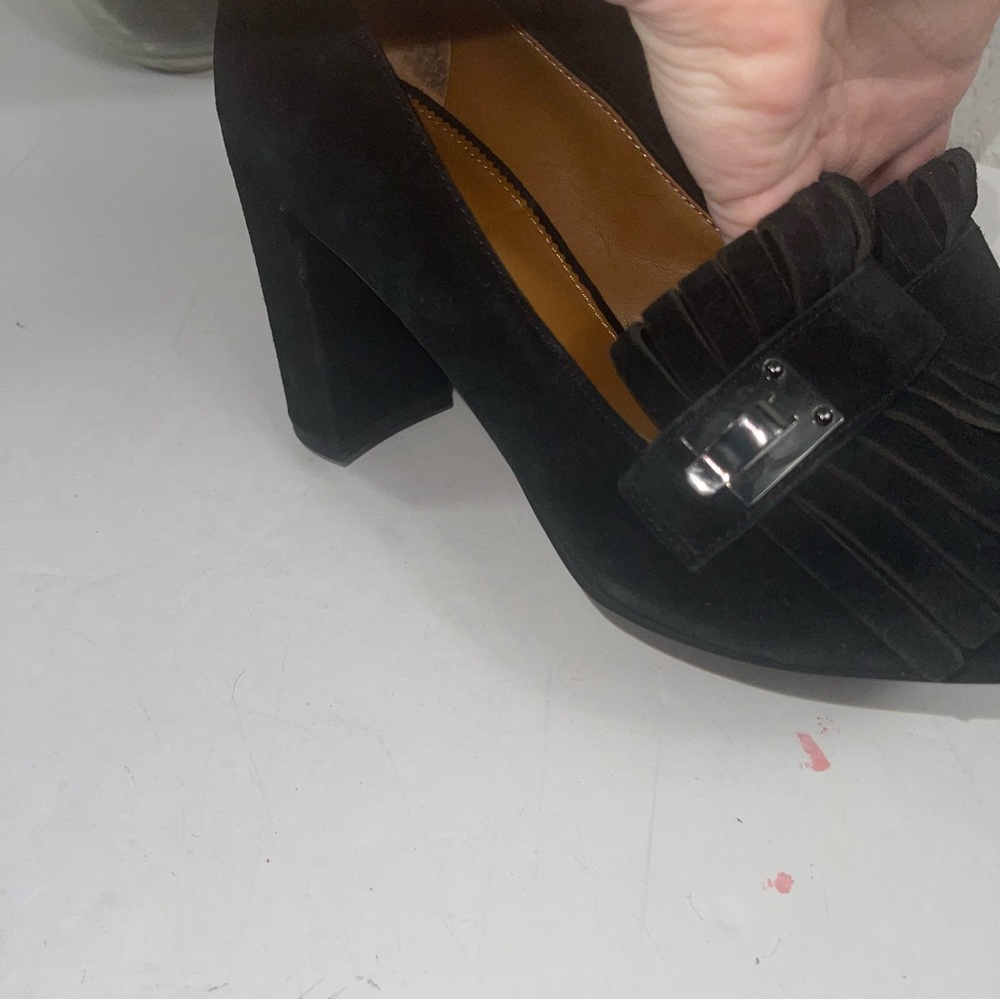 Franco Sarto black Suede Ainsley loafer pump block heel tassel fringe toes - Picture 7 of 8